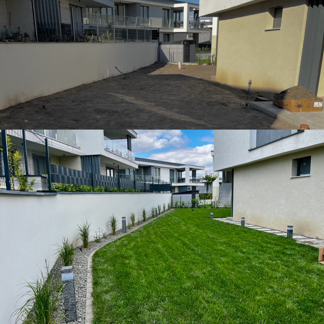 Modern villakert valódi előtte és utána fotója